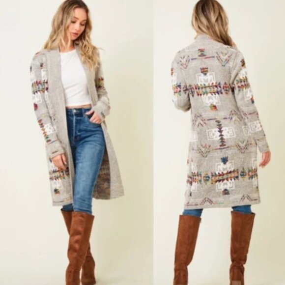 Aztec Tribal Coatigan Cardigan Western Boho Yellowstone Sweater On Blue large - Picture 1 of 11